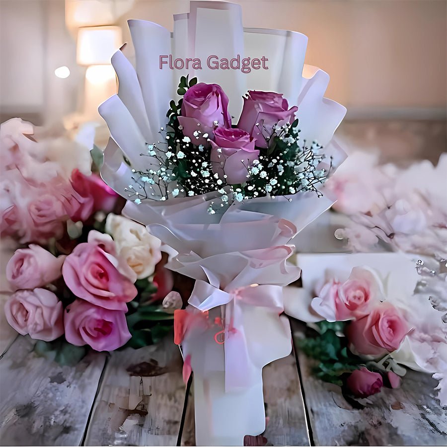 3 PINK ROSES BOUQUET – Premium Floral Decoration for Car & Gifts | Flora Gadget