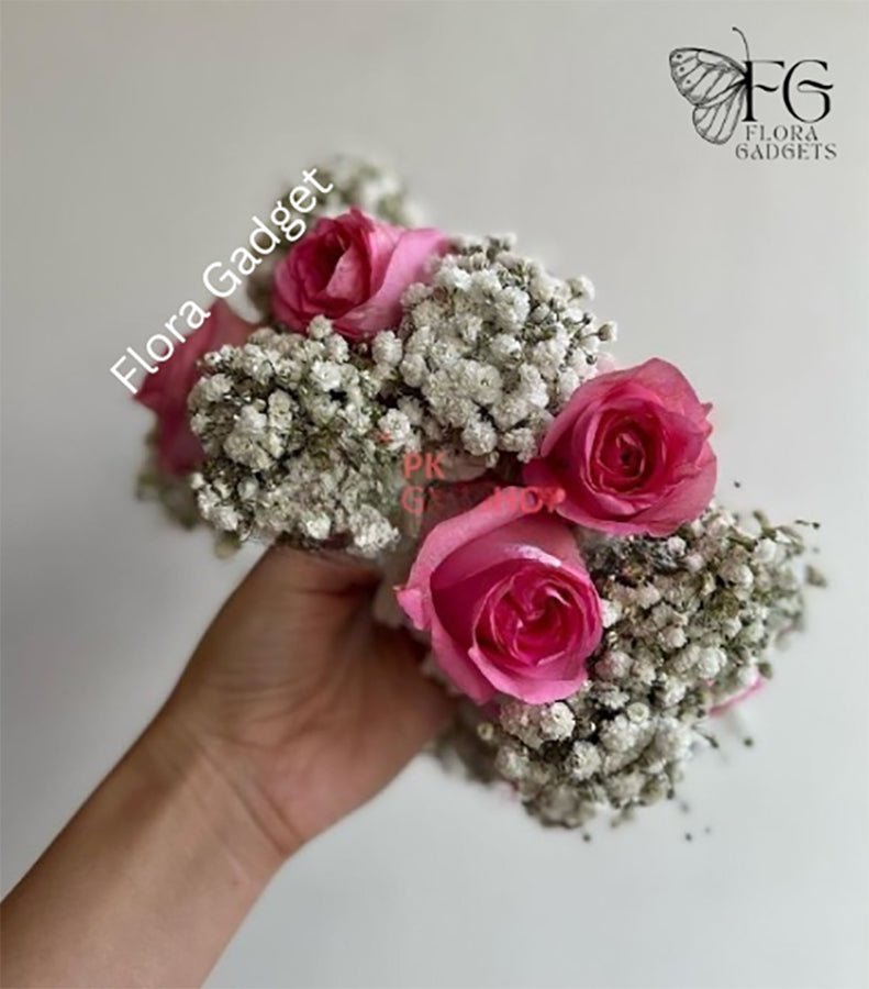 PINK ROSES AND BABY BREATH GAJRA SET – Premium Floral Decoration for Car & Gifts | Flora Gadget